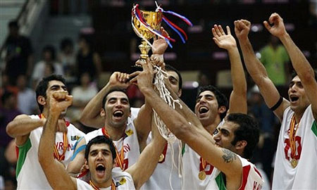 Iran's players celebrate with the trophy after winning the finals of the 25th FIBA Asia Basketball Championship held in Tianjin, China, Sunday, Aug 16, 2009. Iran defeated China 70-52